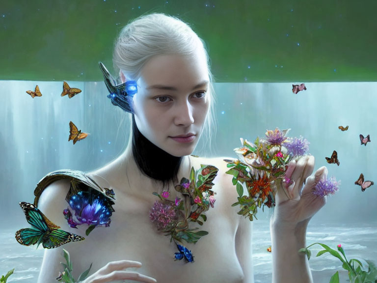 Fantasy-themed artwork: Pale woman with pointed ears, butterflies, flowers, waterfall