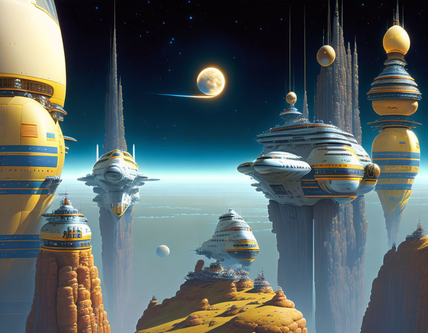 Futuristic desert cityscape with floating spheres and starlit sky