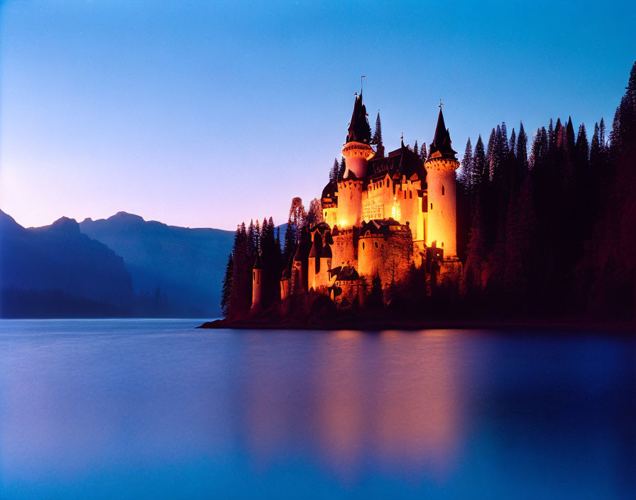 Majestic castle by serene lake at twilight