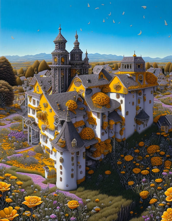 Fantasy castle engulfed in yellow flowers amid colorful meadow and forest under blue sky.