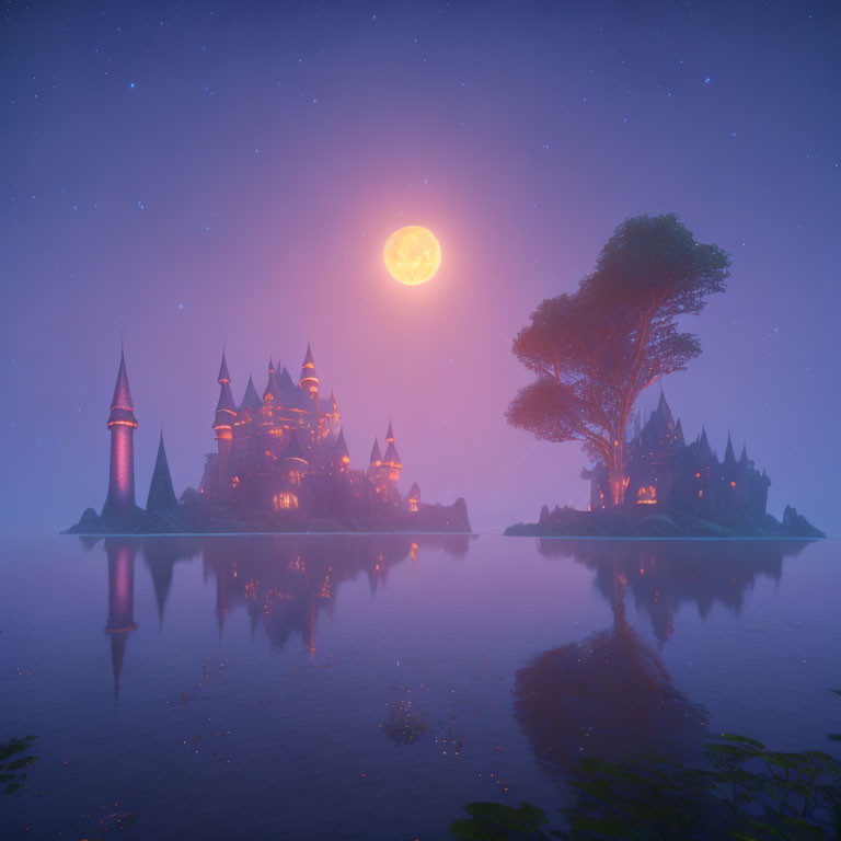 Mystical castle on islet under starry sky with glowing moon reflected in tranquil water surrounded by