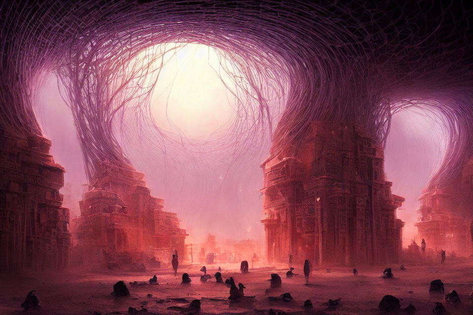 Purple-hued surreal landscape with ancient buildings and colossal nest under illuminated sky