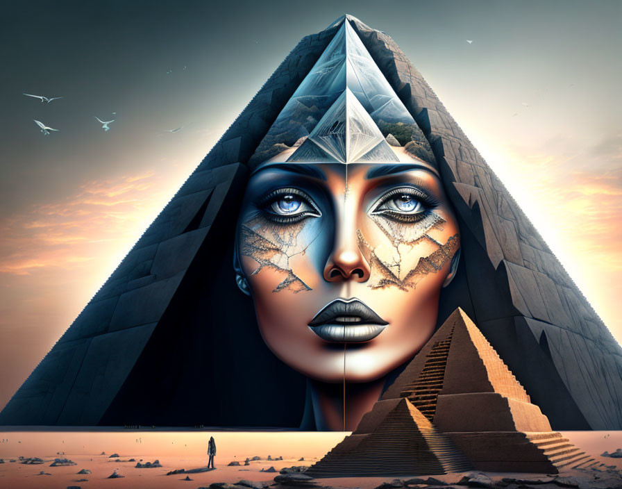 Surreal artwork of woman's face merged with pyramid in desert landscape