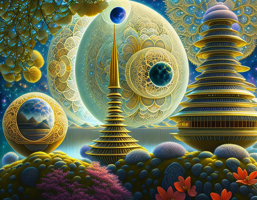 Fantastical landscape with ornate towers and celestial orbs