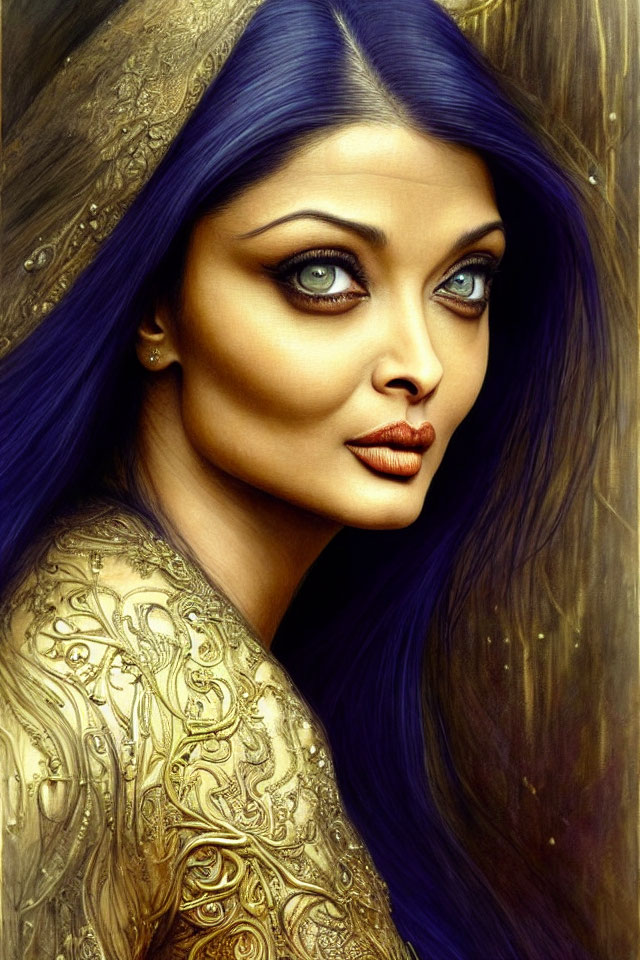 Woman with Striking Blue Eyes and Violet Hair in Regal Golden Attire