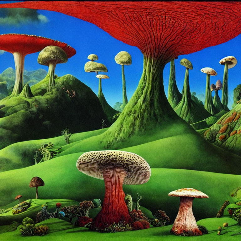 Fantastical landscape with oversized mushrooms in vibrant illustration