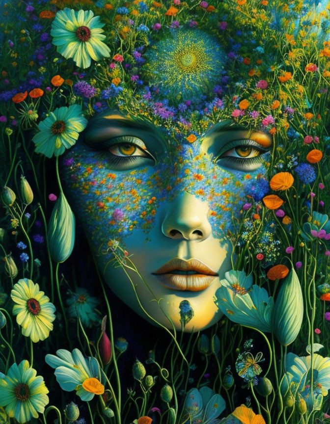 Colorful Flower Blend with Woman's Face in Serene Nature Setting