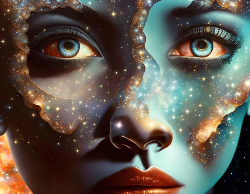 Celestial-themed digital artwork: Woman's face with star-filled eyes and galaxies on skin