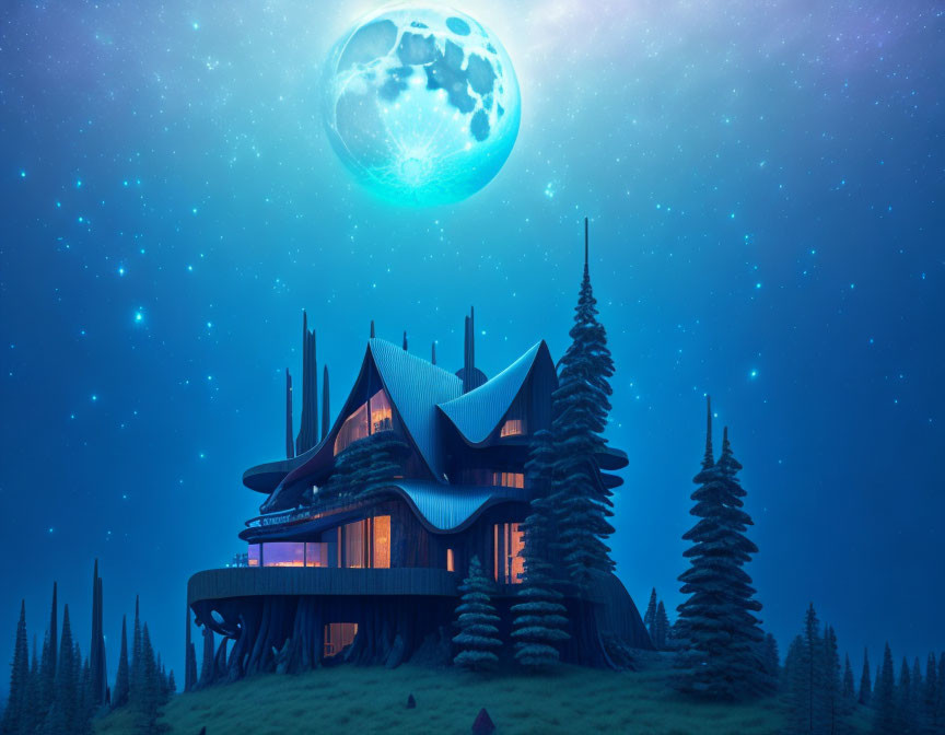 Modern house in forest under starry night sky with large blue moon