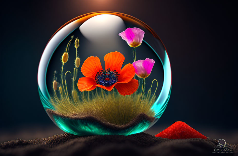 Colorful artwork with transparent sphere, vibrant flowers on dark background