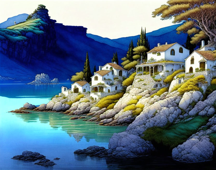 Tranquil coastal scene with white houses, greenery, and blue waters