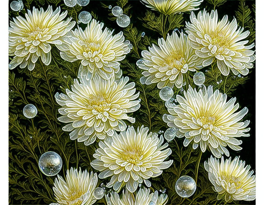 White Chrysanthemum Flowers with Dewdrops on Dark Foliage Background