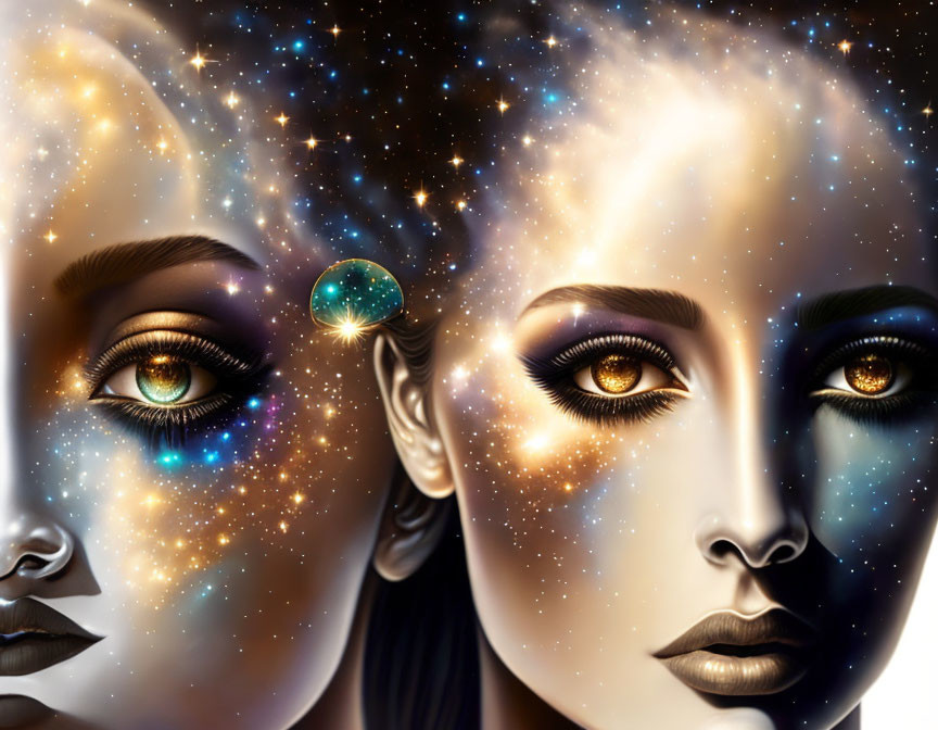 Cosmic-themed artwork: Two faces with star-filled skin sharing a glance over a planet