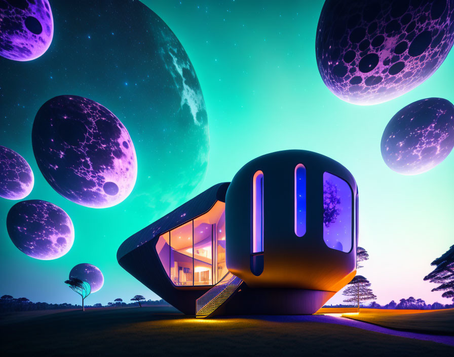 Futuristic house with glowing windows in surreal landscape