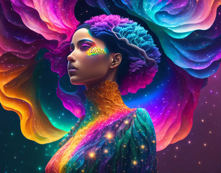 Colorful digital artwork: Woman in cosmic setting