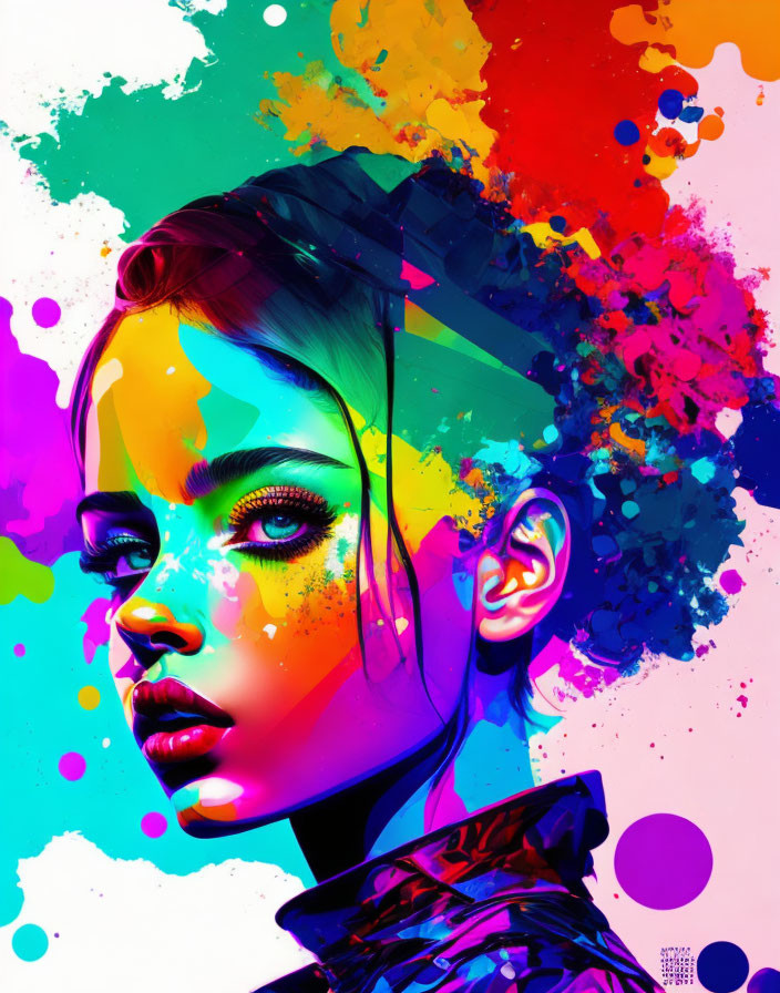 Colorful digital artwork of a woman with paint and ink splashes behind her