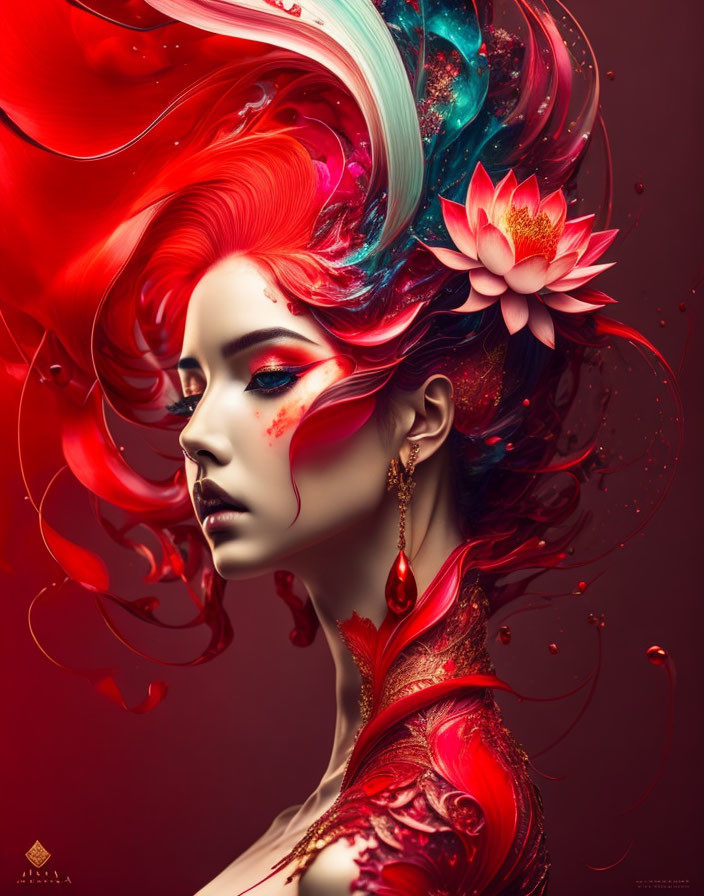 Vibrant digital artwork: Woman with red hair and colorful swirls, pink lotus flower on