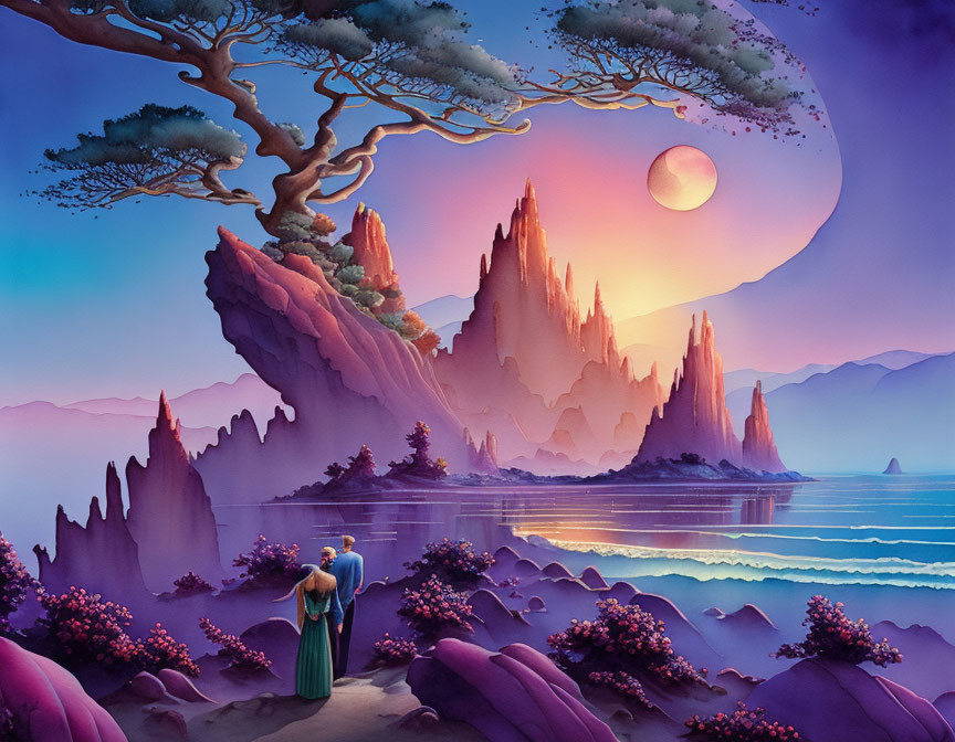 Person under tree on cliff gazes at serene lake, mountains, and pink moon in twilight fantasy.