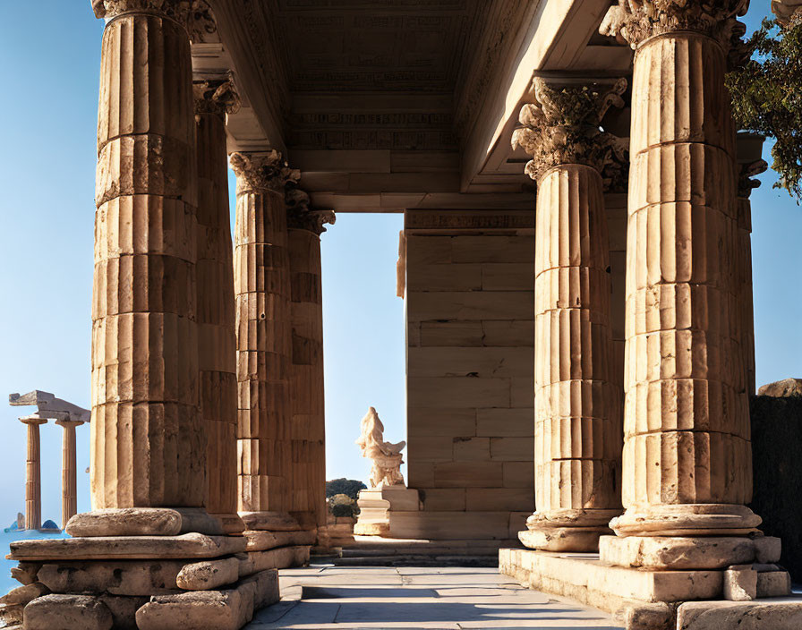 Ancient Greek Temple with Corinthian Columns and Statue under Clear Blue Skies