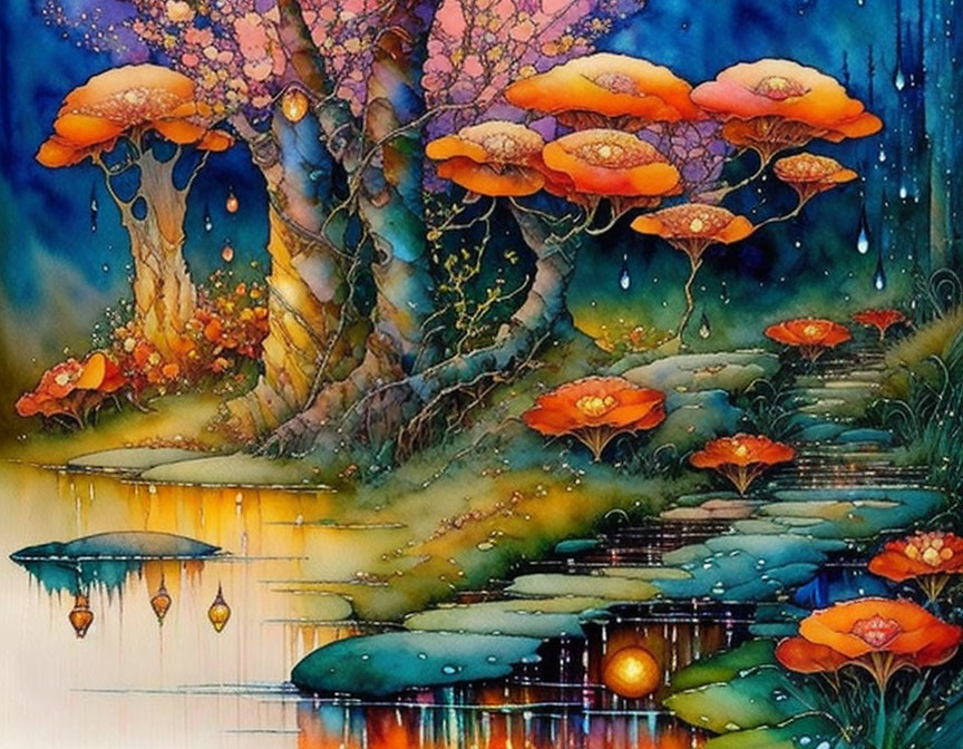 Colorful watercolor painting of mystical forest with oversized orange mushrooms, blue pond, and glowing orbs