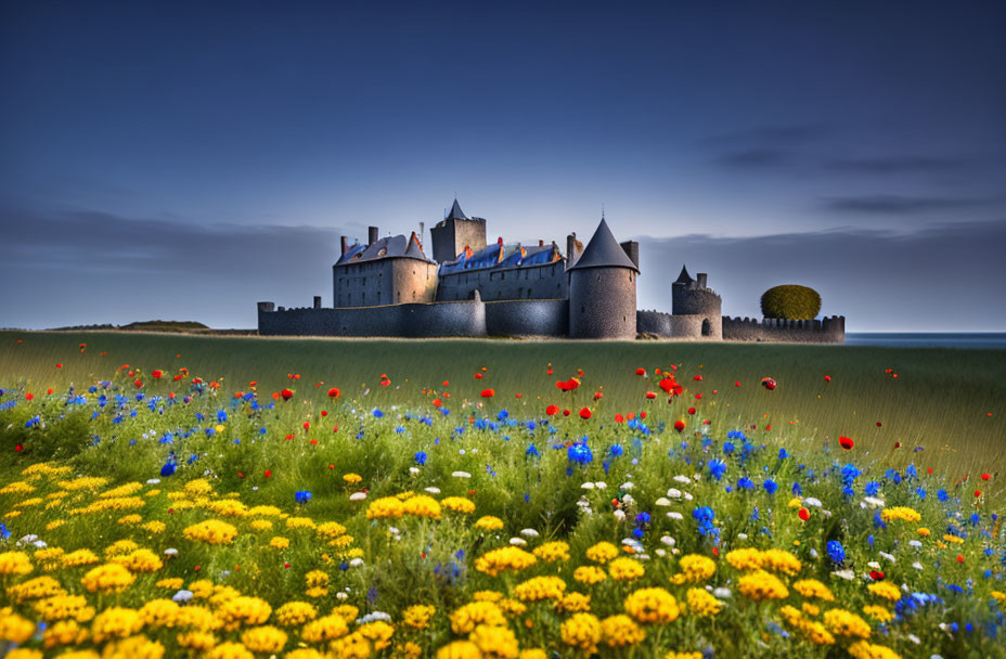 Medieval castle in colorful meadow with yellow flowers and red poppies under serene blue sky.