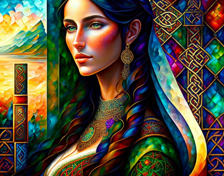 Colorful digital painting of a woman with green eyes and intricate patterns on stained glass background