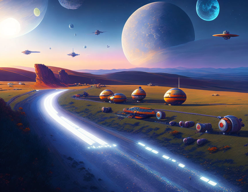 Futuristic landscape with glowing highway, spherical habitats, spaceships, and celestial bodies