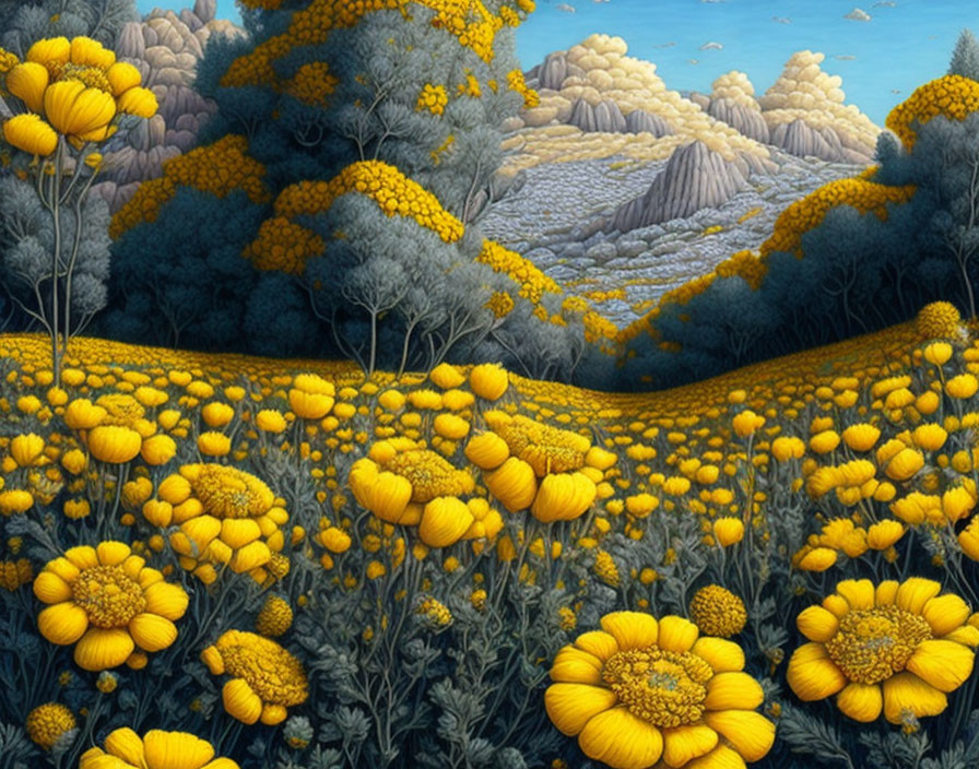 Golden-Yellow Flowers Painting with Textured Hills and Blue Sea