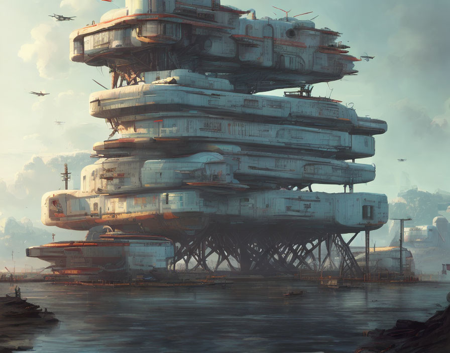 Futuristic multi-tiered structures by water with flying ships and boats.