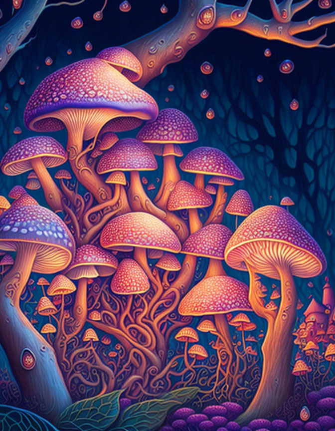 Vibrant Purple and Orange Mushroom Illustration on Dark Background