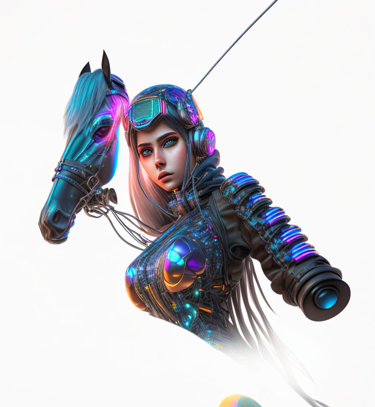 Futuristic warrior woman with cybernetic enhancements and neon robotic horse