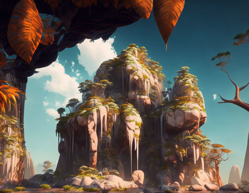 Fantastical landscape with towering rock formations and lush green trees