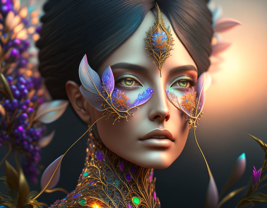 Woman adorned in intricate golden leaf and flower jewelry against botanical backdrop