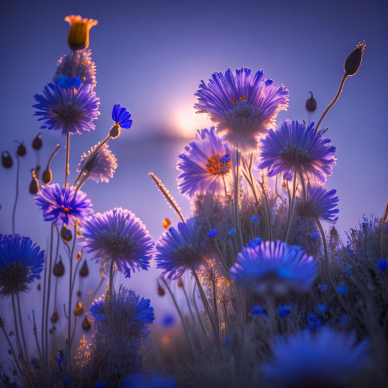 Vibrant blue and purple flowers in golden sunset backlight