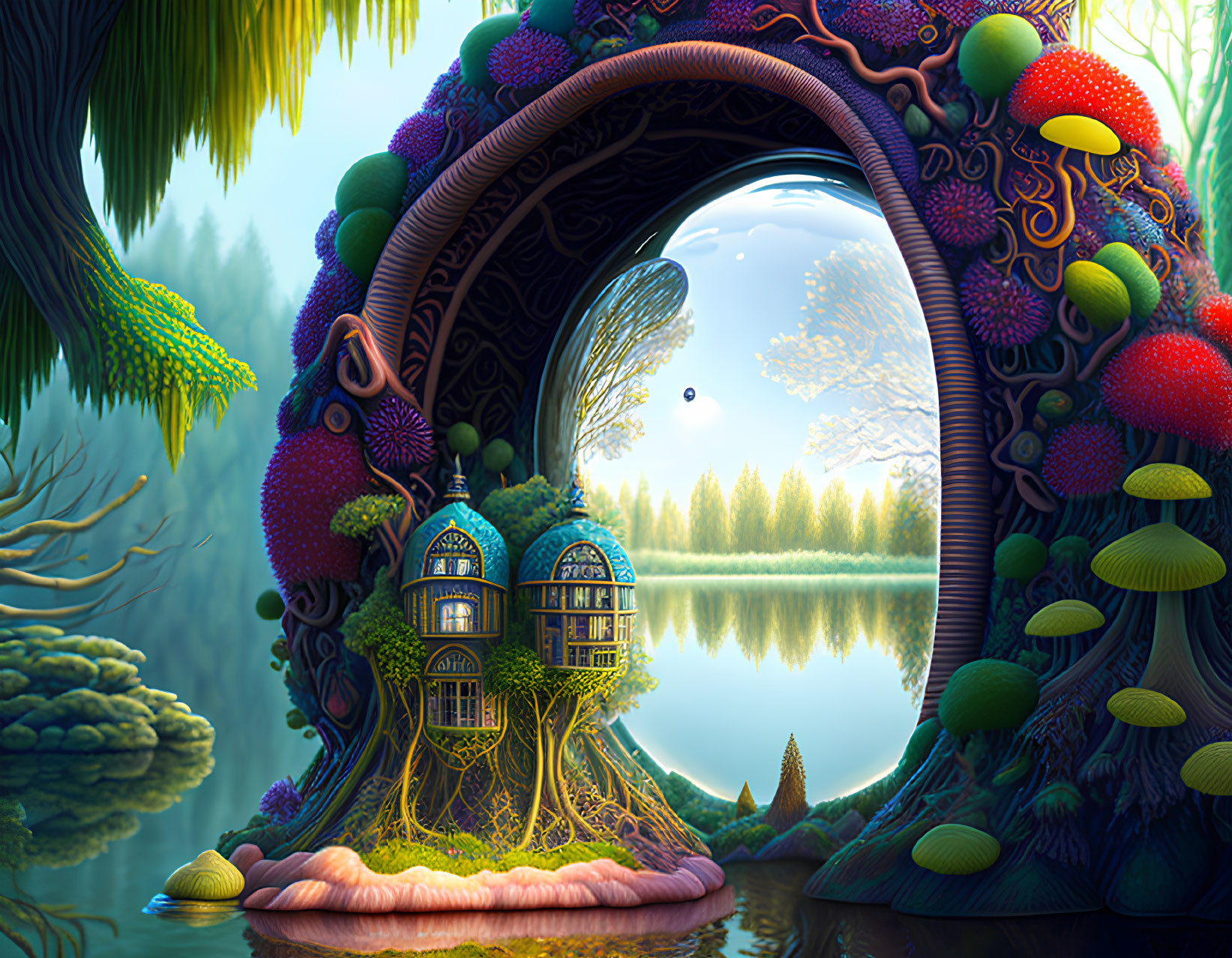 Colorful Mushroom Archway, Whimsical Treehouse & Tranquil Lake in Fantasy Landscape