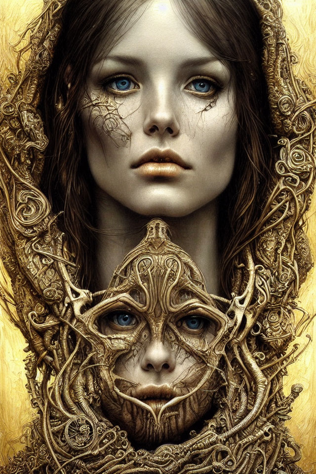 Digital artwork: Woman with blue eyes, golden patterns, mirrored face.