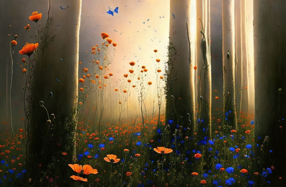 Sunlit Forest Meadow with Poppies and Butterflies