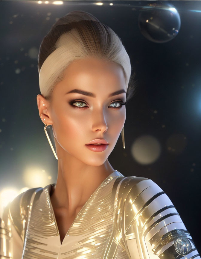 Digital artwork: Woman with green eyes, sleek updo, silver futuristic attire, ambient light, bo