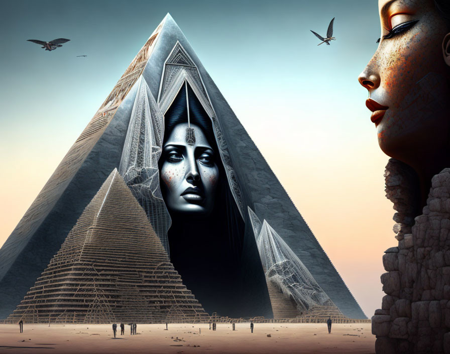 Surreal illustration: Egyptian pyramid with carved face, woman with markings, amber sky