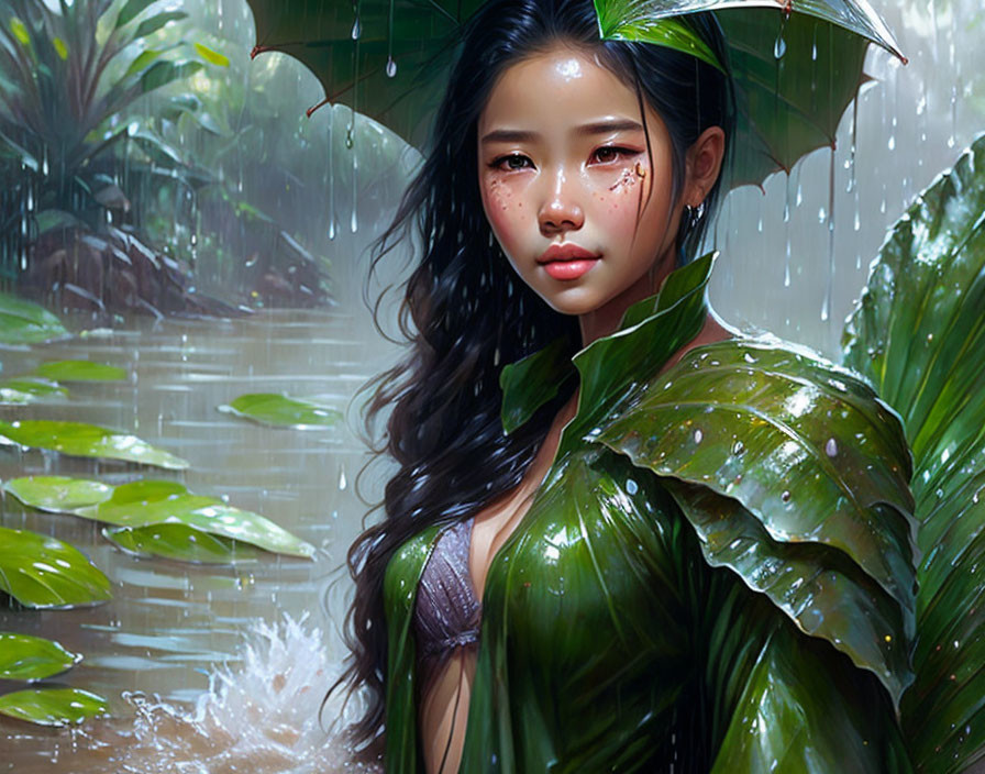 Young woman shielded by green leaves in rain shower.