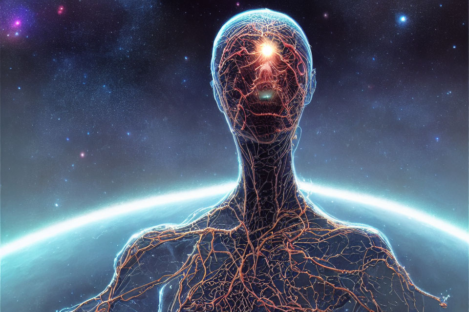 Translucent human figure with cosmic background and neural light connections.