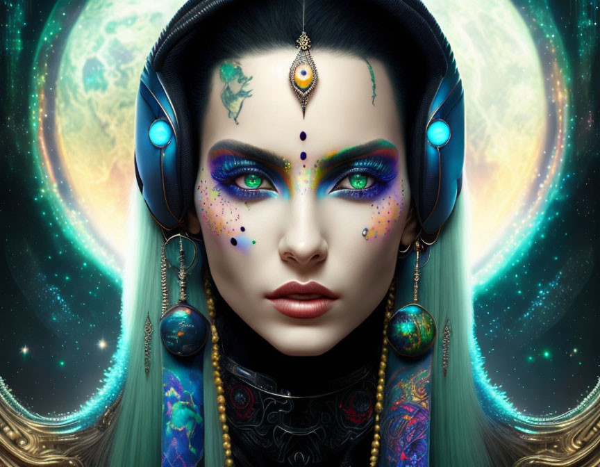 Futuristic female figure with cosmic makeup and advanced headphones in celestial setting