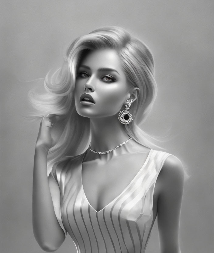 Monochromatic digital portrait of woman with voluminous hair and elegant accessories