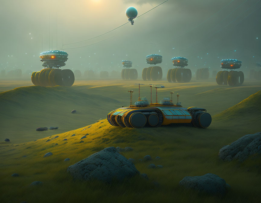 Futuristic dawn landscape with green hills and hovering yellow vehicle