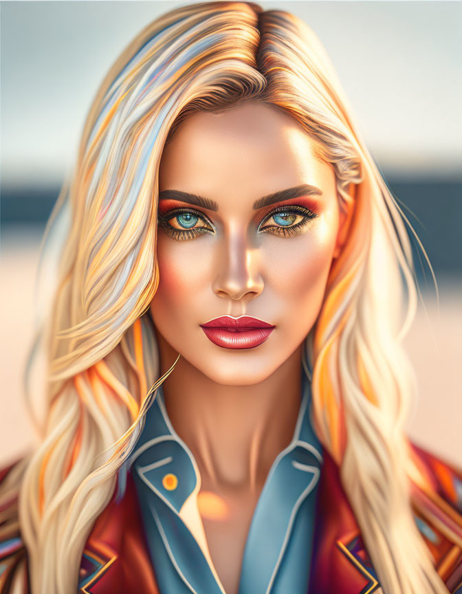 Illustration of woman with blue eyes, blonde hair, and vibrant makeup on warm background