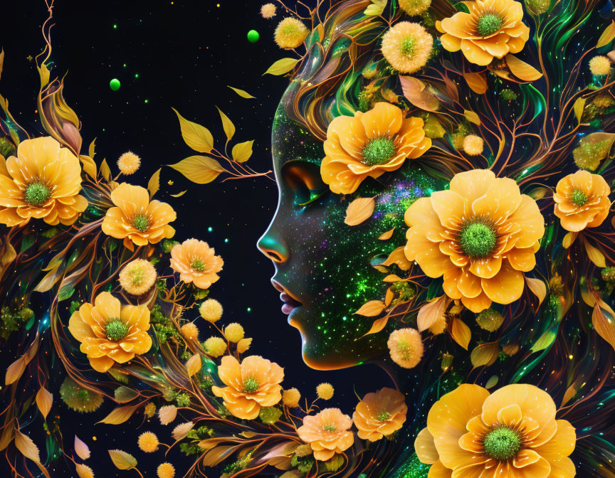 Woman with Cosmic Skin Surrounded by Yellow Flowers and Space Background