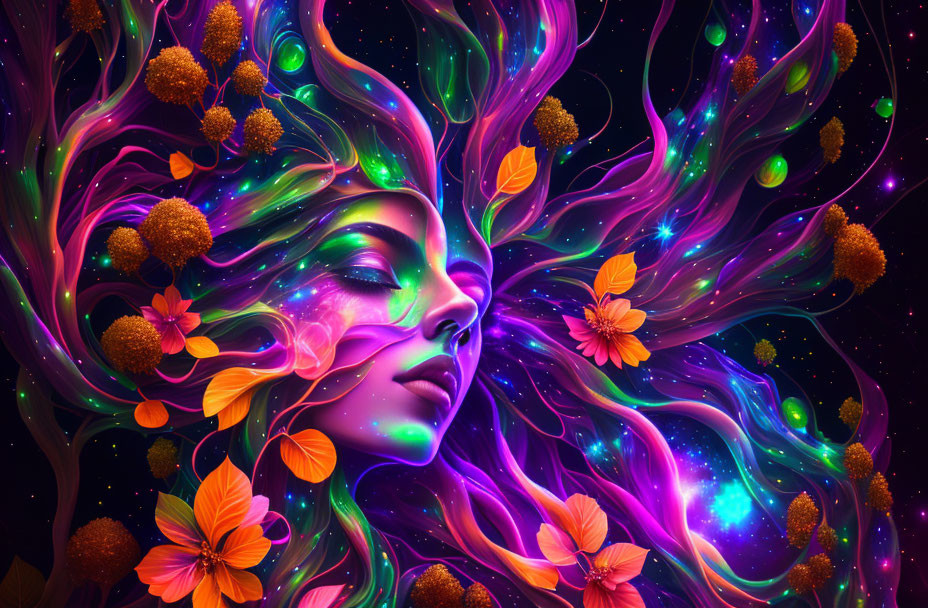 Colorful digital artwork: Woman's face with cosmic hair and glowing orbs.