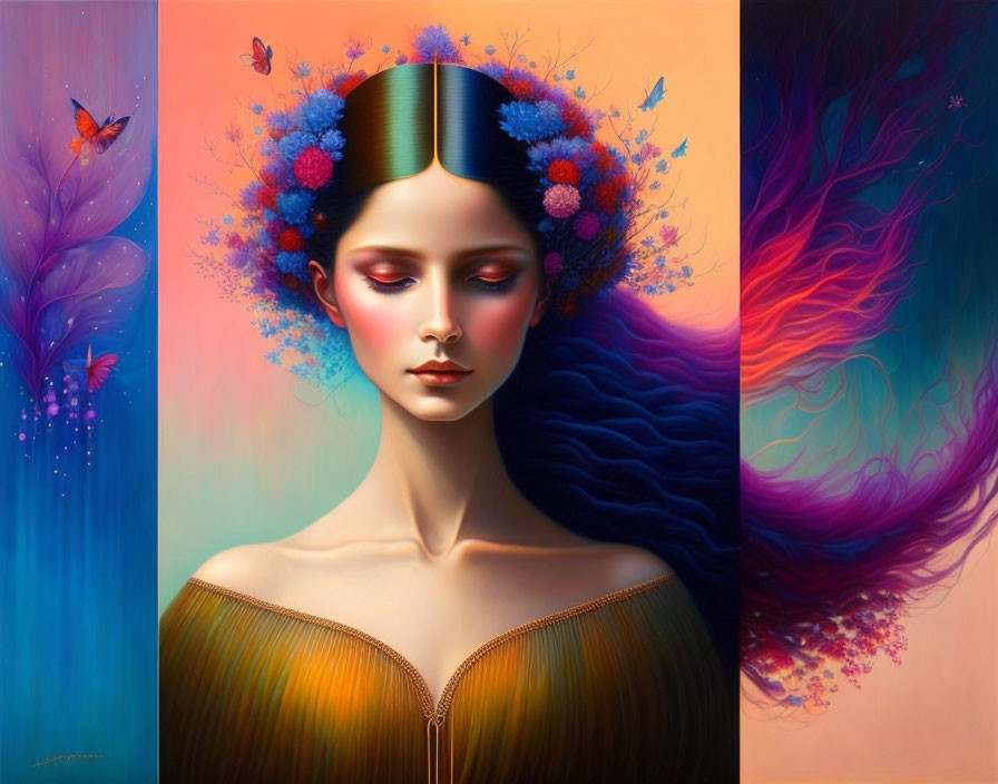 Colorful surreal portrait of a woman with butterflies and vibrant headdress