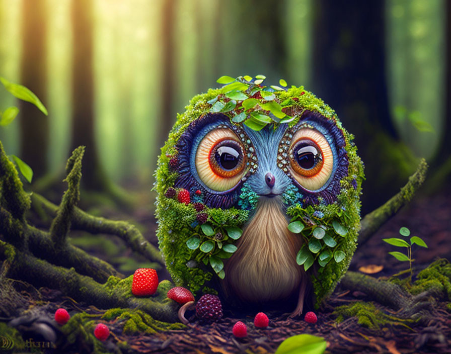 Illustration of owl-like creature in lush forest with captivating eyes