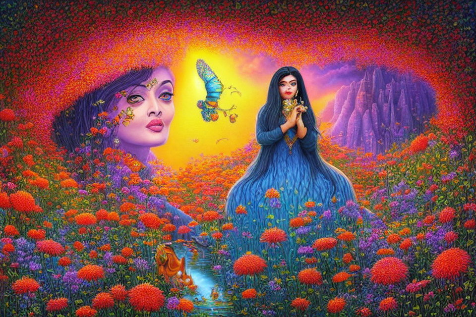 Artwork of woman in blue dress in flower field with butterfly, surreal face, and mountains.